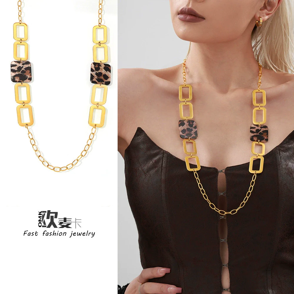 Wholesale Stainless Steel And Acrylic Light Luxury Geometric Leopard Print Chain Necklace With 18K Gold Plating