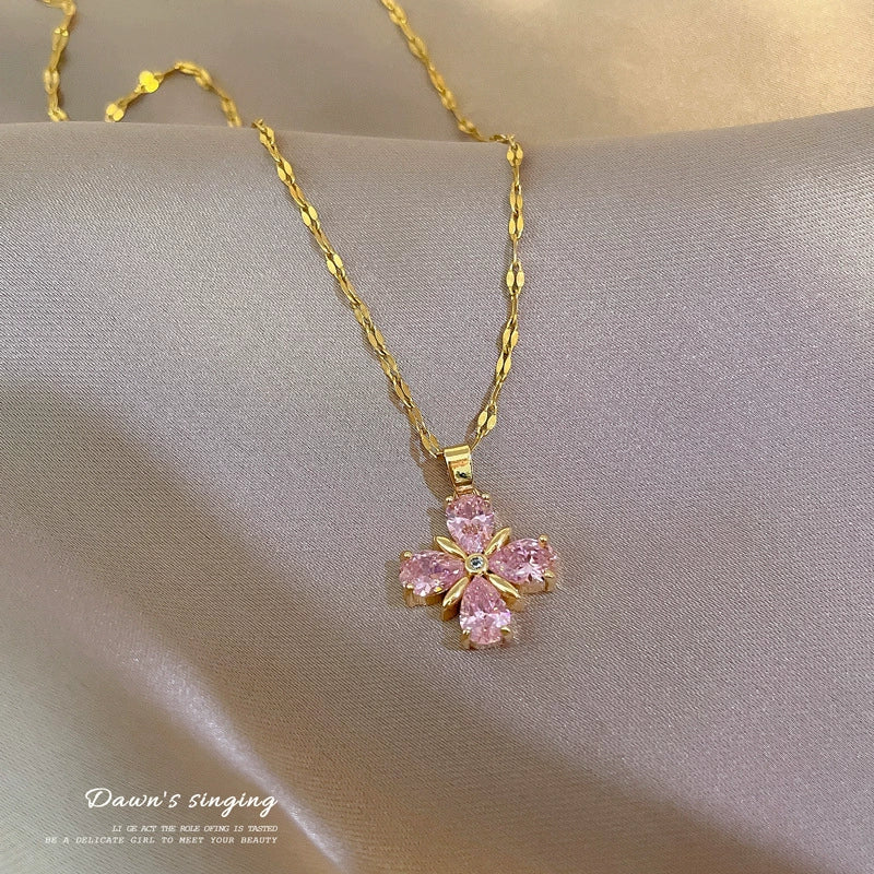 Wholesale Stainless Steel And Copper Geometric Lucky Grass Micro Diamond Plated Necklace Unisex Fine Style Clavicle Chain Accessories - Image 3