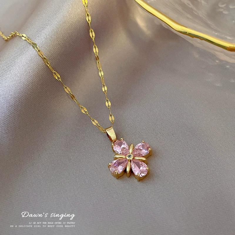 Wholesale Stainless Steel And Copper Geometric Lucky Grass Micro Diamond Plated Necklace Unisex Fine Style Clavicle Chain Accessories - Image 6