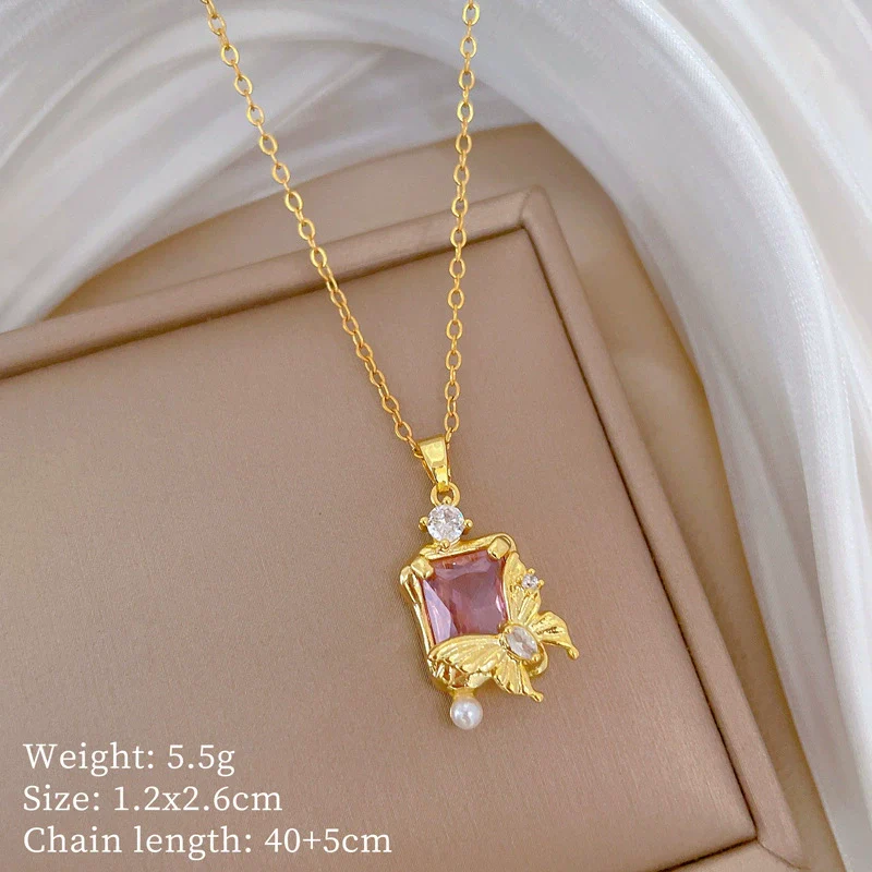 Wholesale Stainless Steel And Copper Jewelry Geometric Pearl Butterfly Zircon Light Luxury Elegant Gorgeous Diamond Necklace Unisex Allmatch Clavicle Chain - Image 6