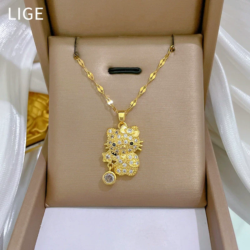 Wholesale Stainless Steel And Copper Light Luxurious Geometric Star Cat Zircon Full Diamond Pendant Necklace Unisex