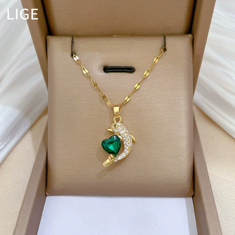 Wholesale Stainless Steel And Copper Light Luxury Geometric Dolphin Pendant Necklace For Women