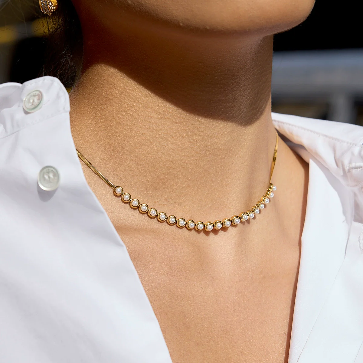Wholesale Stainless Steel And Titanium Steel Electroplated Geometric Pearl Jewelry Set For Women Necklaces And Bracelets - Image 4