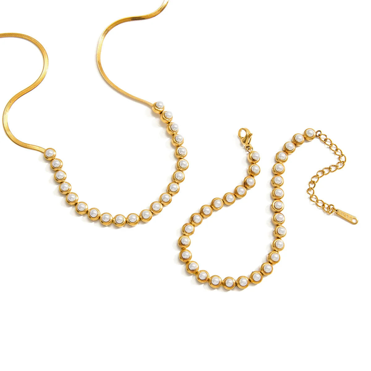Wholesale Stainless Steel And Titanium Steel Electroplated Geometric Pearl Jewelry Set For Women Necklaces And Bracelets - Image 5