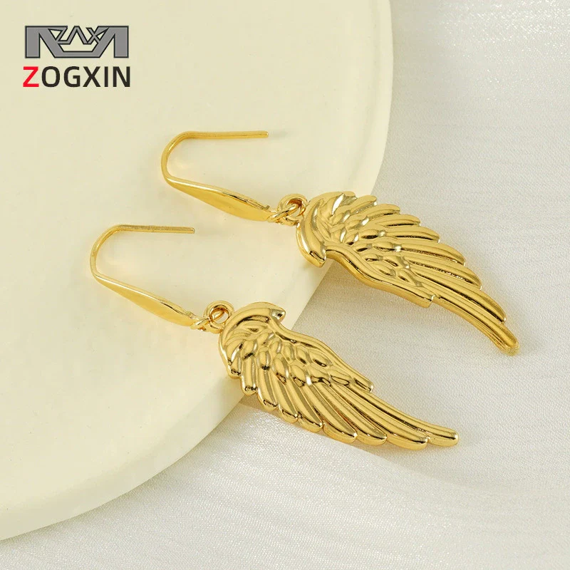 Wholesale 316L Stainless Steel Animal Zodiac Feather Wings Gold Plated Earrings