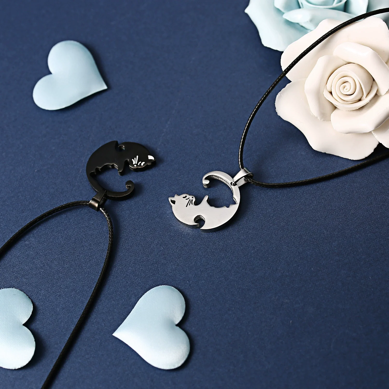 Wholesale Stainless Steel Black And White Cat Pendant Necklace Creative Kitten Hug Shape Couple Style Electroplated With Leather Rope - Image 2