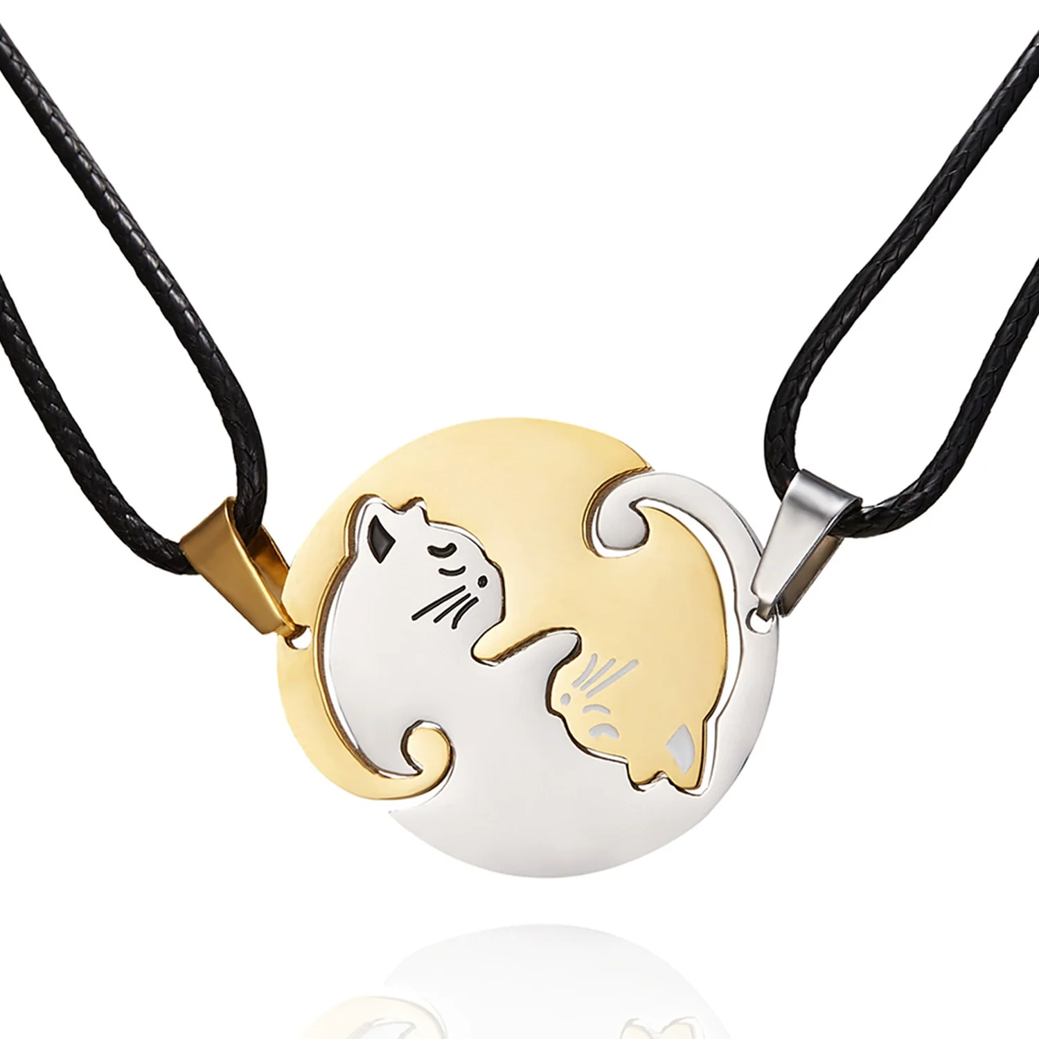 Wholesale Stainless Steel Black And White Cat Pendant Necklace Creative Kitten Hug Shape Couple Style Electroplated With Leather Rope - Image 3