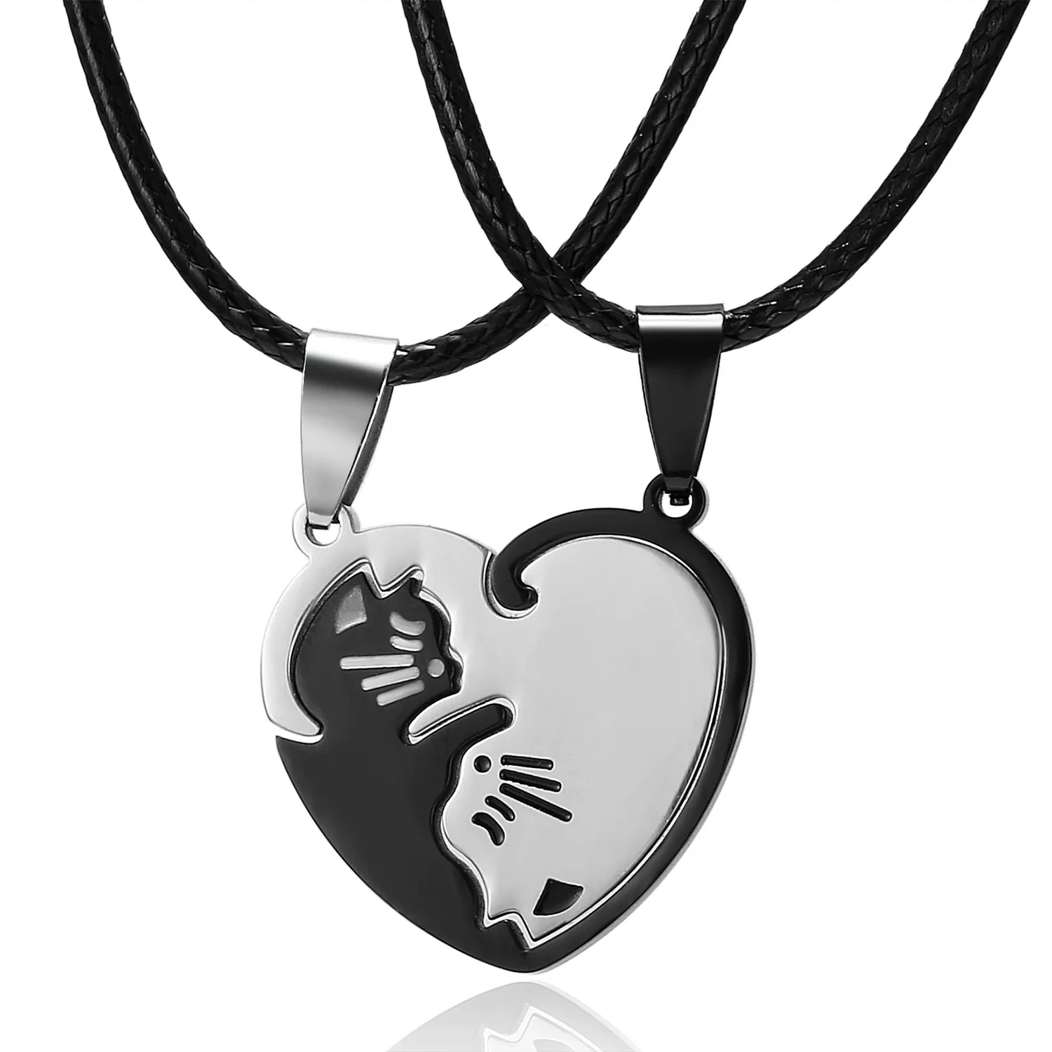Wholesale Stainless Steel Black And White Cat Pendant Necklace Creative Kitten Hug Shape Couple Style Electroplated With Leather Rope - Image 4