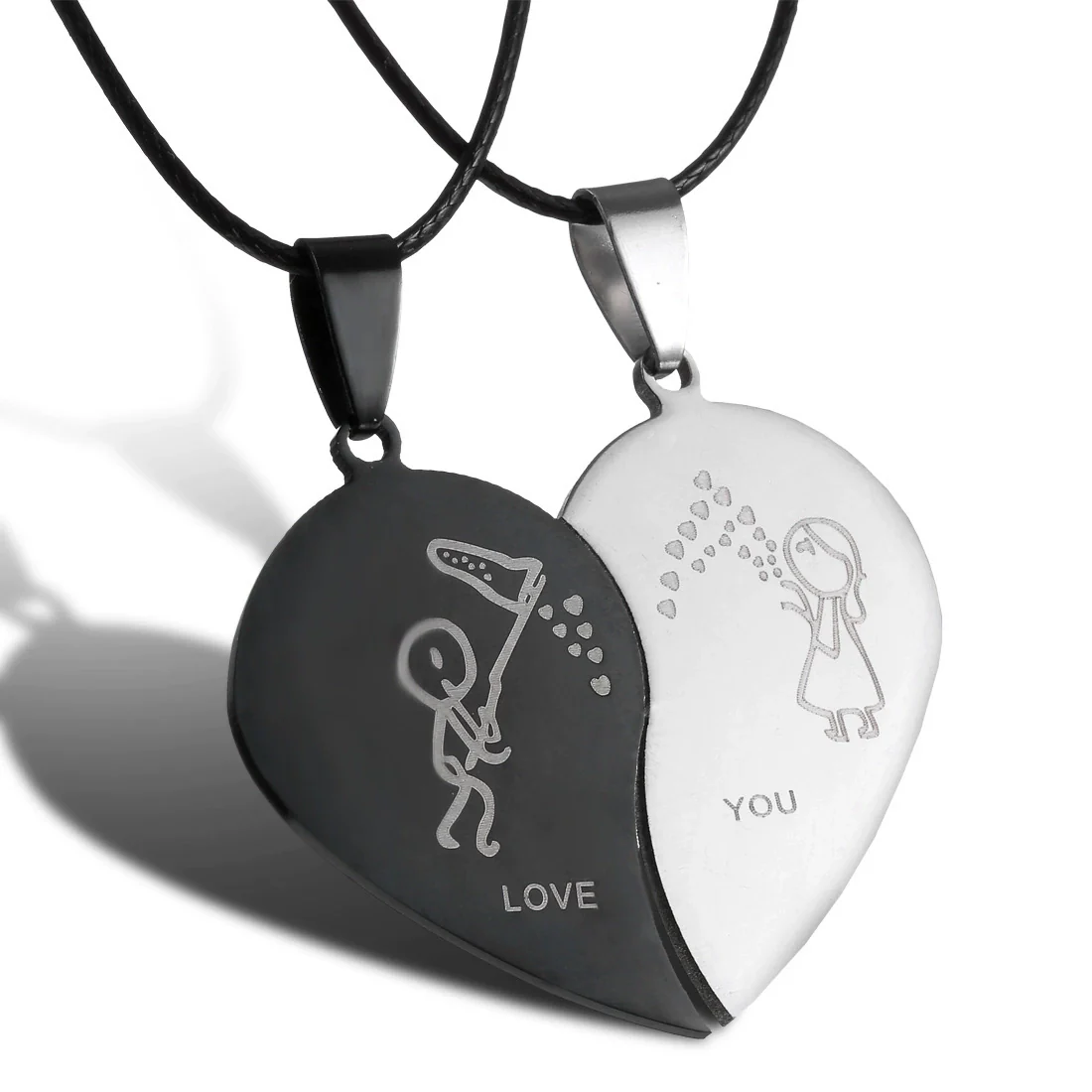 Wholesale Stainless Steel Black And White Cat Pendant Necklace Creative Kitten Hug Shape Couple Style Electroplated With Leather Rope - Image 5