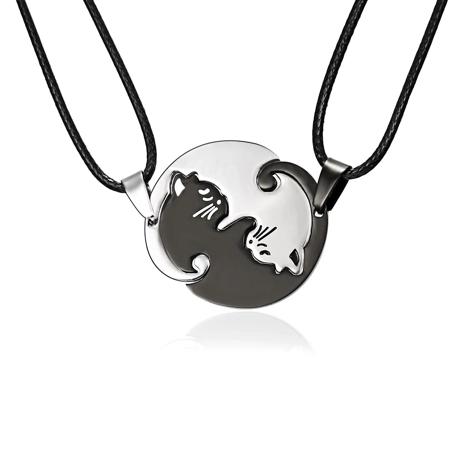 Wholesale Stainless Steel Black And White Cat Pendant Necklace Creative Kitten Hug Shape Couple Style Electroplated With Leather Rope - Image 6