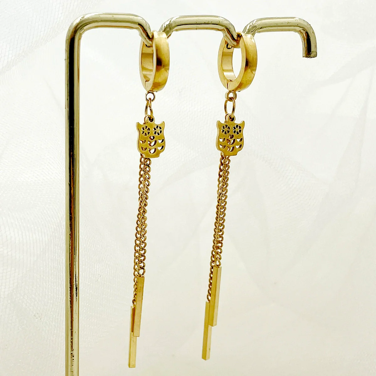 Wholesale Stainless Steel Chain Tassel Earrings Electroplated With Sun Moon Stars Flowers Animal Shapes - Image 14