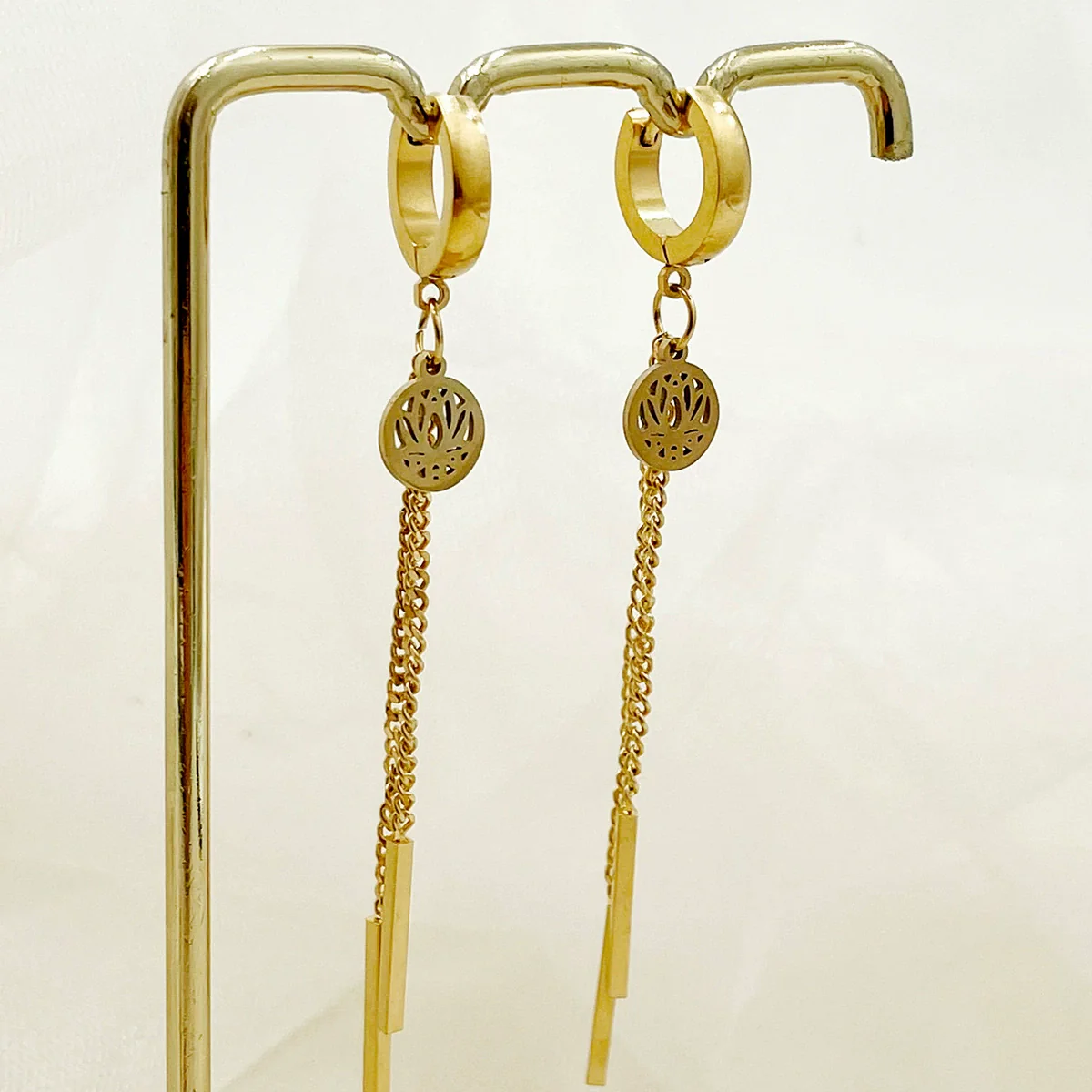 Wholesale Stainless Steel Chain Tassel Earrings Electroplated With Sun Moon Stars Flowers Animal Shapes - Image 21