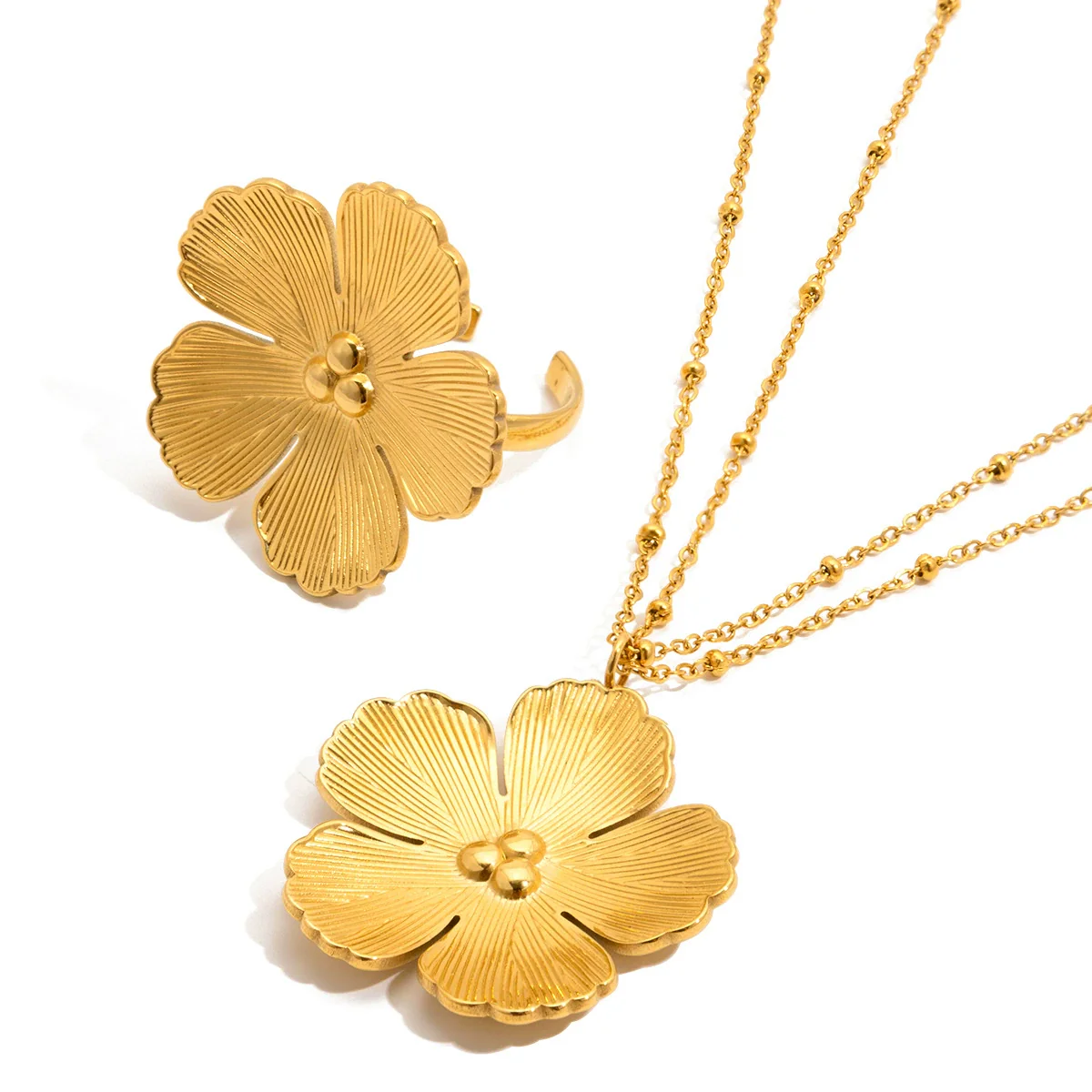 Wholesale Stainless Steel Electroplated 18K Gold Fivepetal Flower Necklace And Ring Set For Women - Image 5