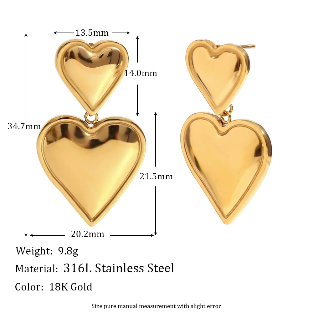 Wholesale Stainless Steel Electroplated 18K Gold Heart Doublelayer Love Pendant Earrings For Women - Image 2