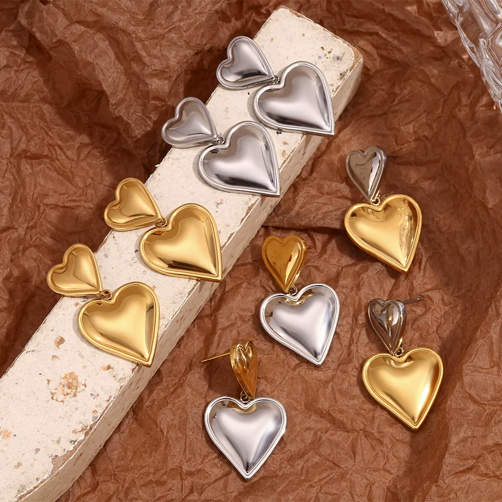 Wholesale Stainless Steel Electroplated 18K Gold Heart Doublelayer Love Pendant Earrings For Women - Image 3