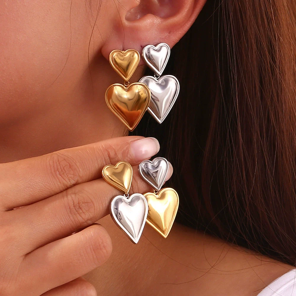 Wholesale Stainless Steel Electroplated 18K Gold Heart Doublelayer Love Pendant Earrings For Women - Image 4