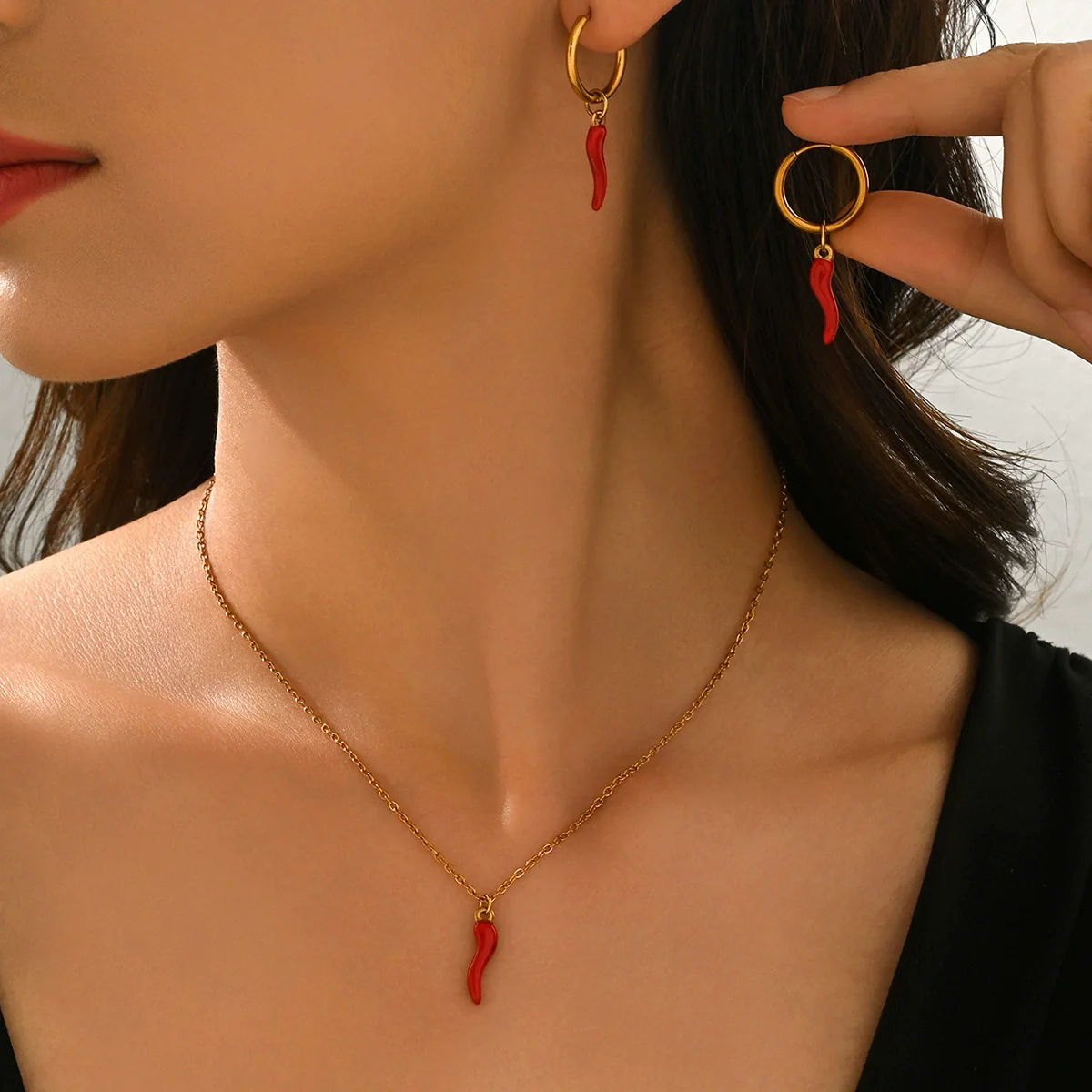 Wholesale Stainless Steel Electroplated Chili Pepper Jewelry Set For Women - Image 2