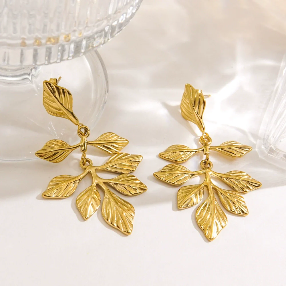 Wholesale Stainless Steel Electroplated Flower Leaf Pendant Earrings Jewelry For Women