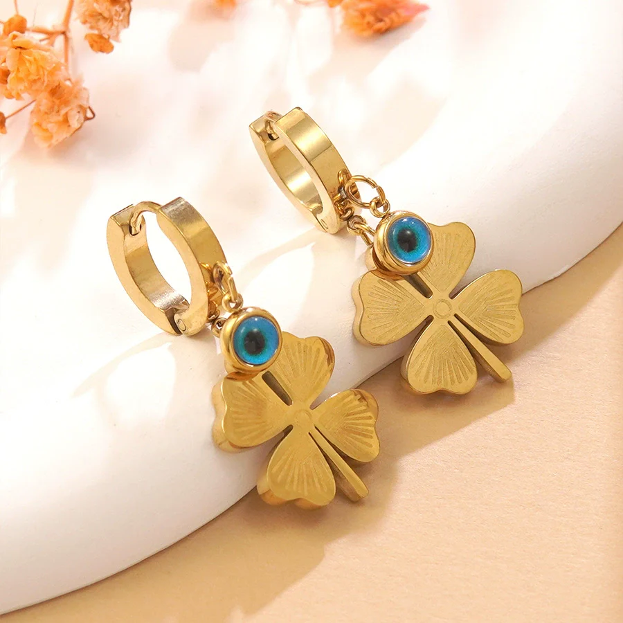 Wholesale Stainless Steel Electroplated Fourleaf Clover Devil's Eye Leaves Pattern Earrings For Women - Image 4