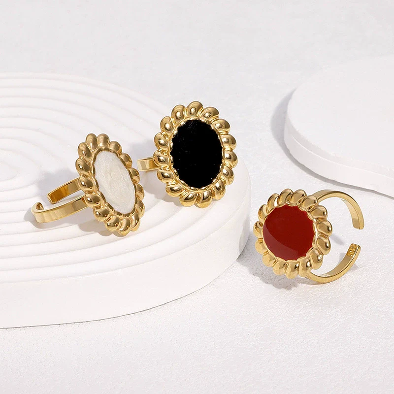 Wholesale Stainless Steel Electroplated Geometric And Floral Pattern Open Ring Women's Jewelry
