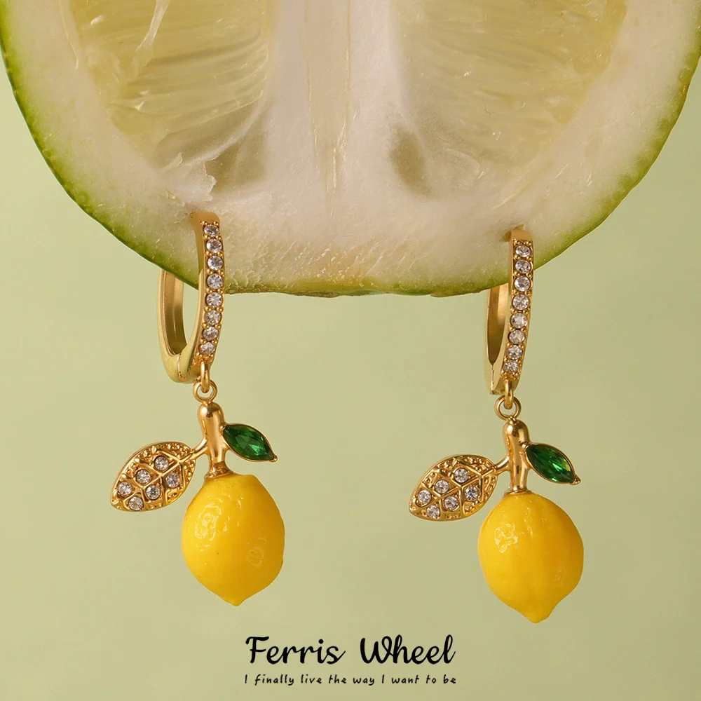 Wholesale Stainless Steel Electroplated Geometric Ferris Wheel Lemon Pendant Earrings For Women