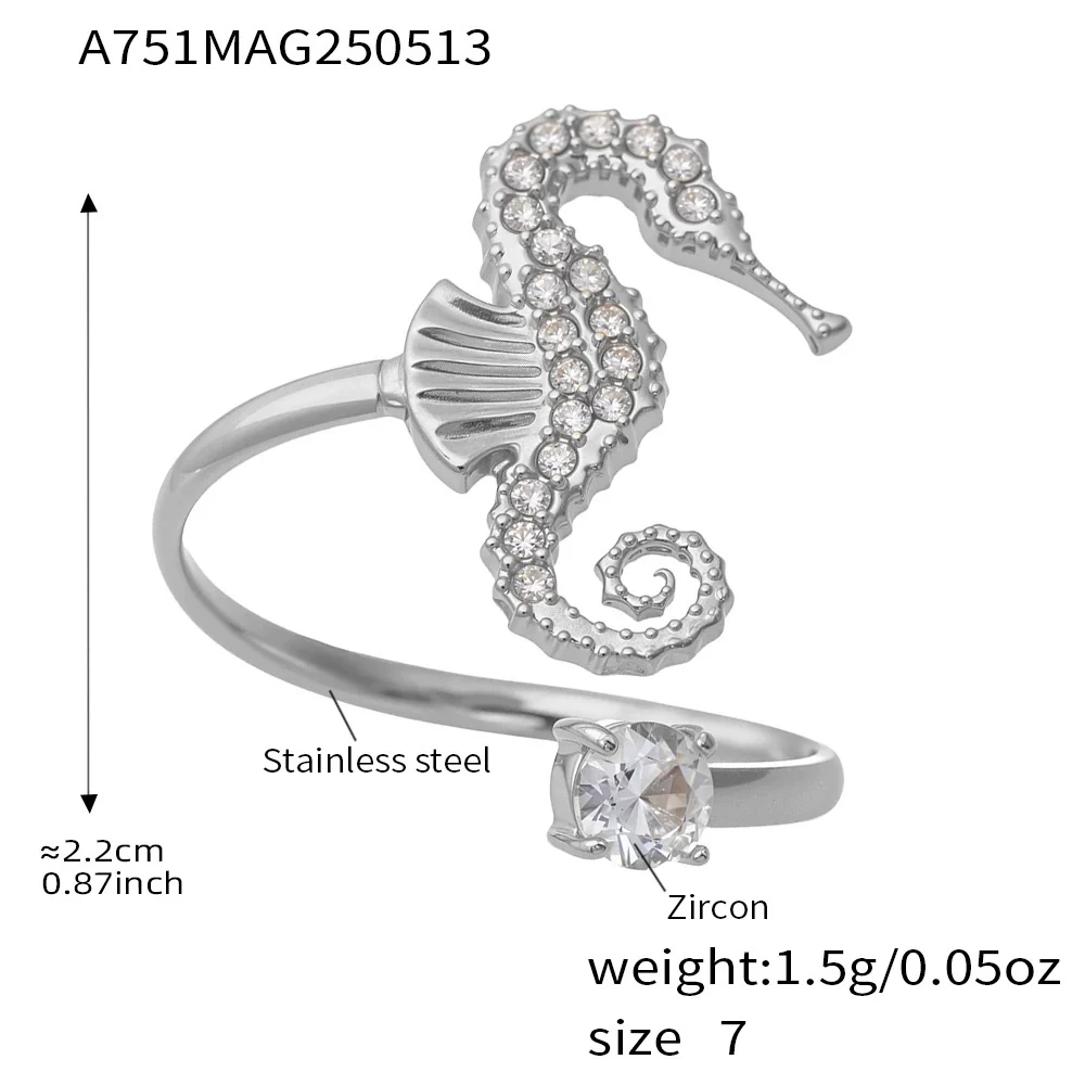 Wholesale Stainless Steel Electroplated Geometric Ferris Wheel Seahorse Octopus Shell Inlaid Ring For Women - Image 7