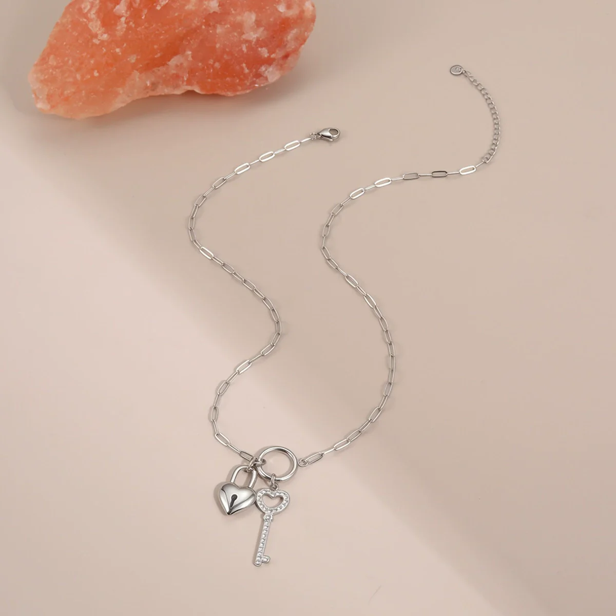 Wholesale Stainless Steel Electroplated Geometric Love Lock Key Necklace For Women - Image 4