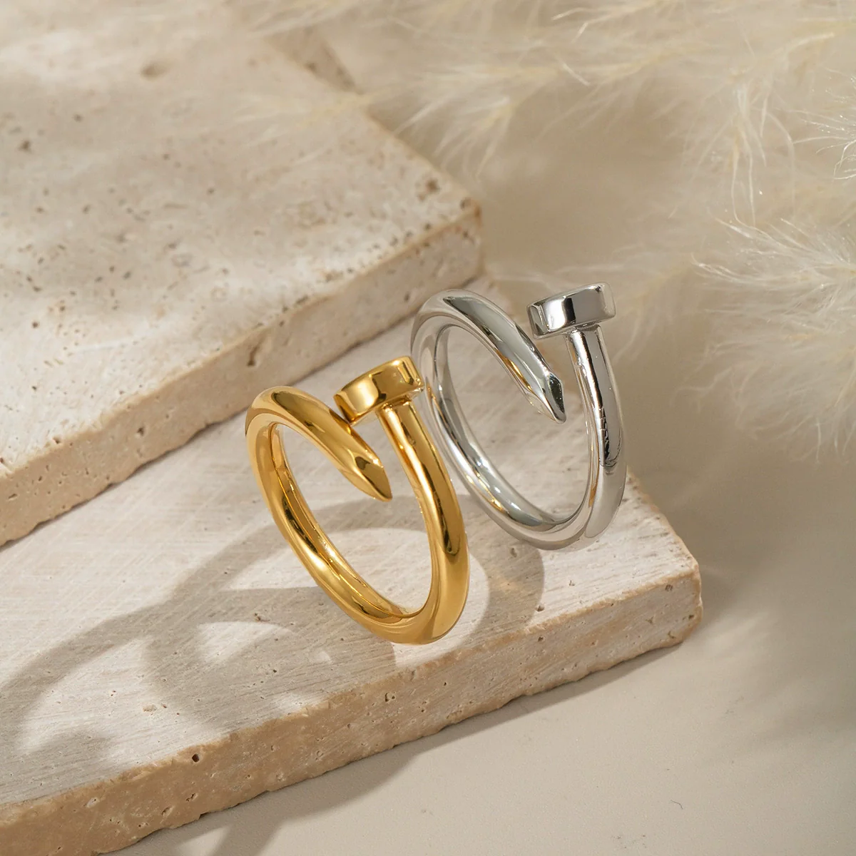 Wholesale Stainless Steel Electroplated Geometric Nailshaped Bracelet And Ring Set For Women - Image 2