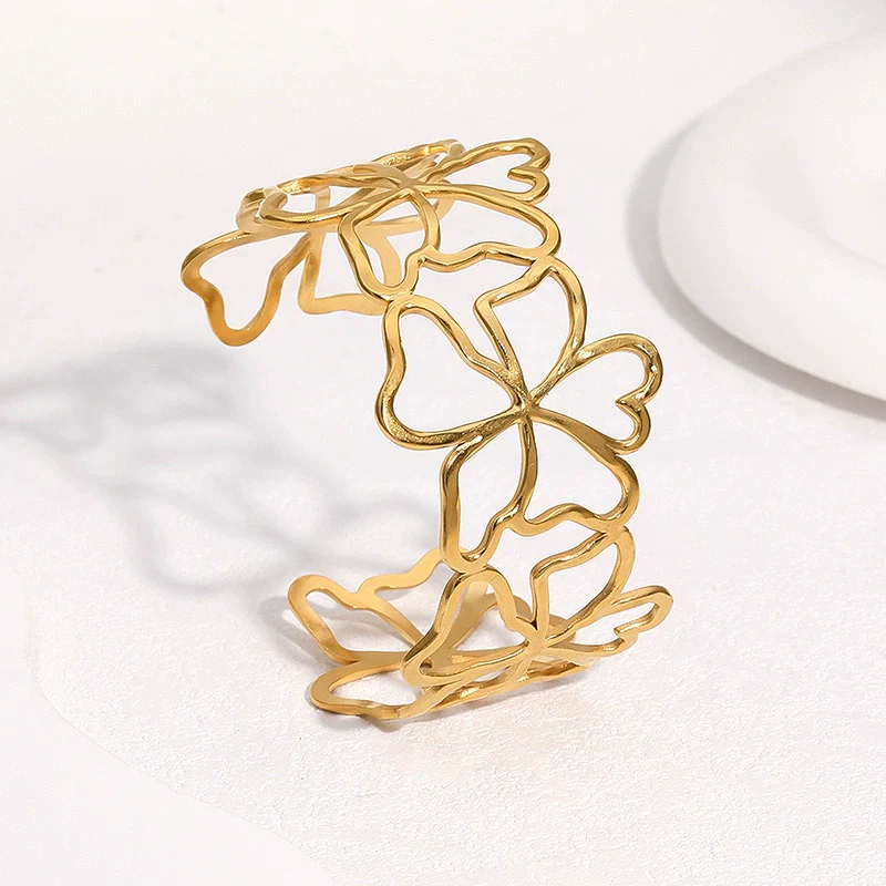 Wholesale Stainless Steel Electroplated Open Bracelet With Hollow Flower Design Simple Style Accessories - Image 2