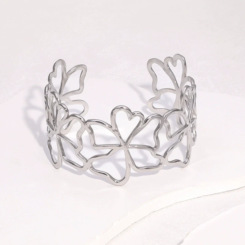 Wholesale Stainless Steel Electroplated Open Bracelet With Hollow Flower Design Simple Style Accessories - Image 3