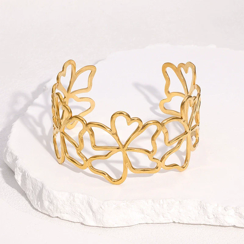 Wholesale Stainless Steel Electroplated Open Bracelet With Hollow Flower Design Simple Style Accessories - Image 4