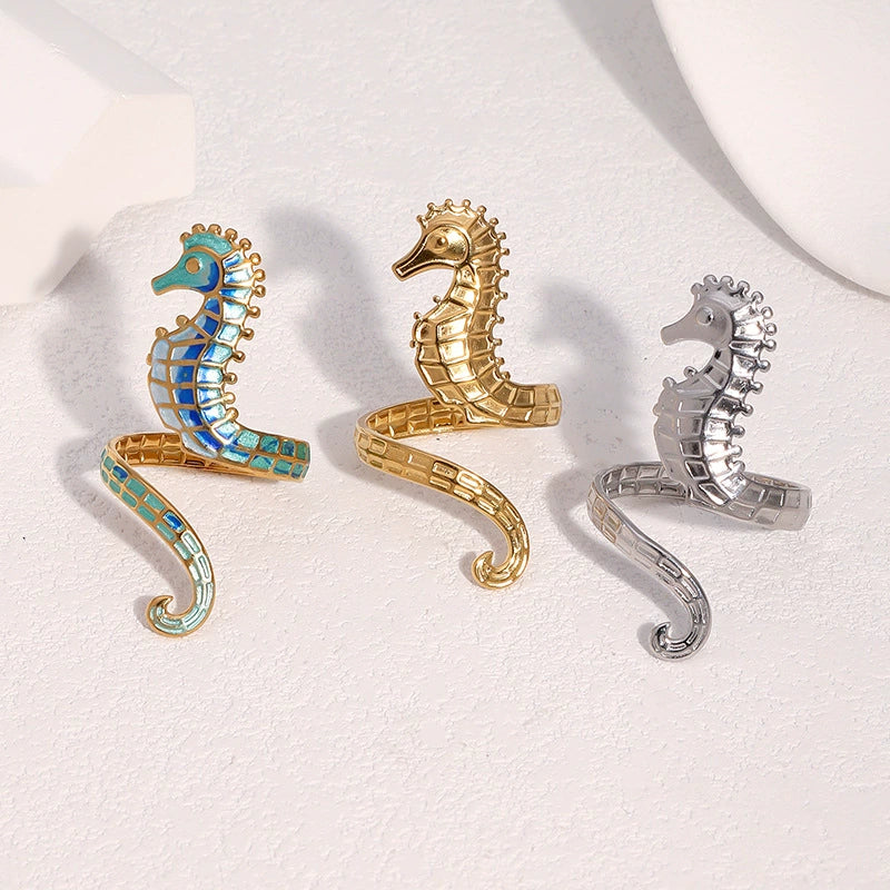 Wholesale Stainless Steel Electroplated Seahorse Open Ring For Women Simple Animal Style Jewelry