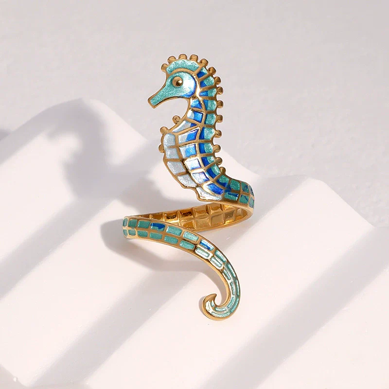 Wholesale Stainless Steel Electroplated Seahorse Open Ring For Women Simple Animal Style Jewelry - Image 2