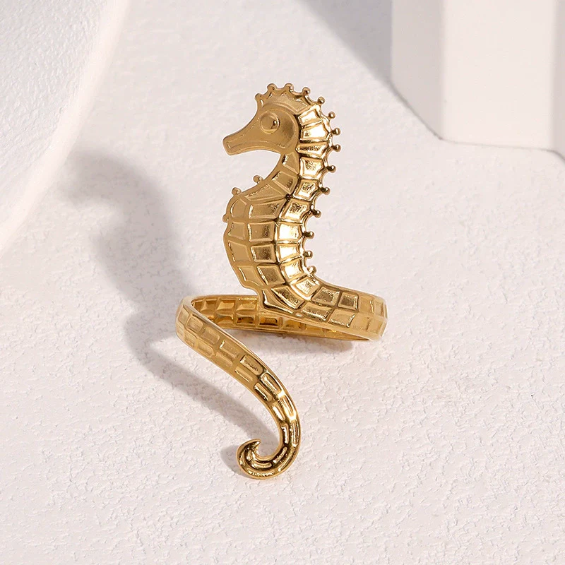Wholesale Stainless Steel Electroplated Seahorse Open Ring For Women Simple Animal Style Jewelry - Image 3