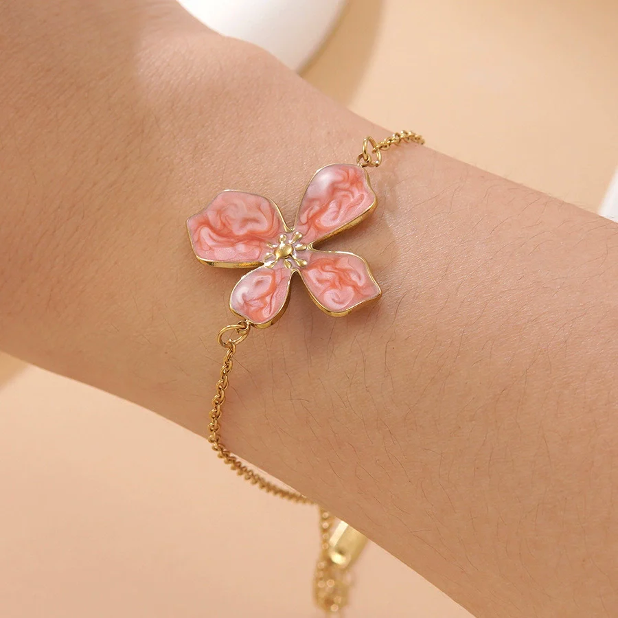 Wholesale Stainless Steel Floral Oil Dripping Jewelry Set For Women Necklace And Bracelet - Image 10