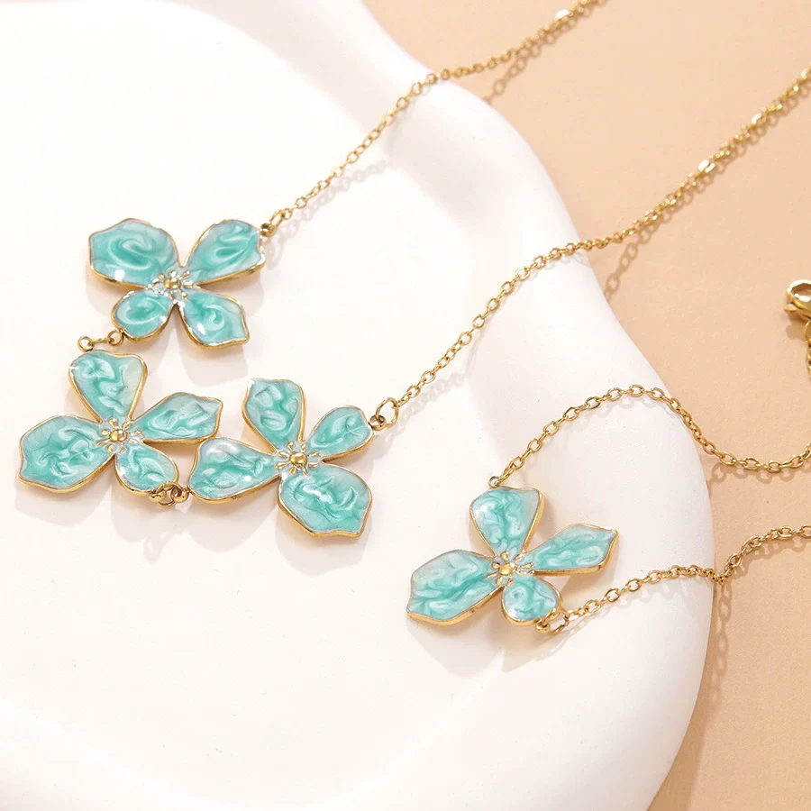 Wholesale Stainless Steel Floral Oil Dripping Jewelry Set For Women Necklace And Bracelet - Image 12