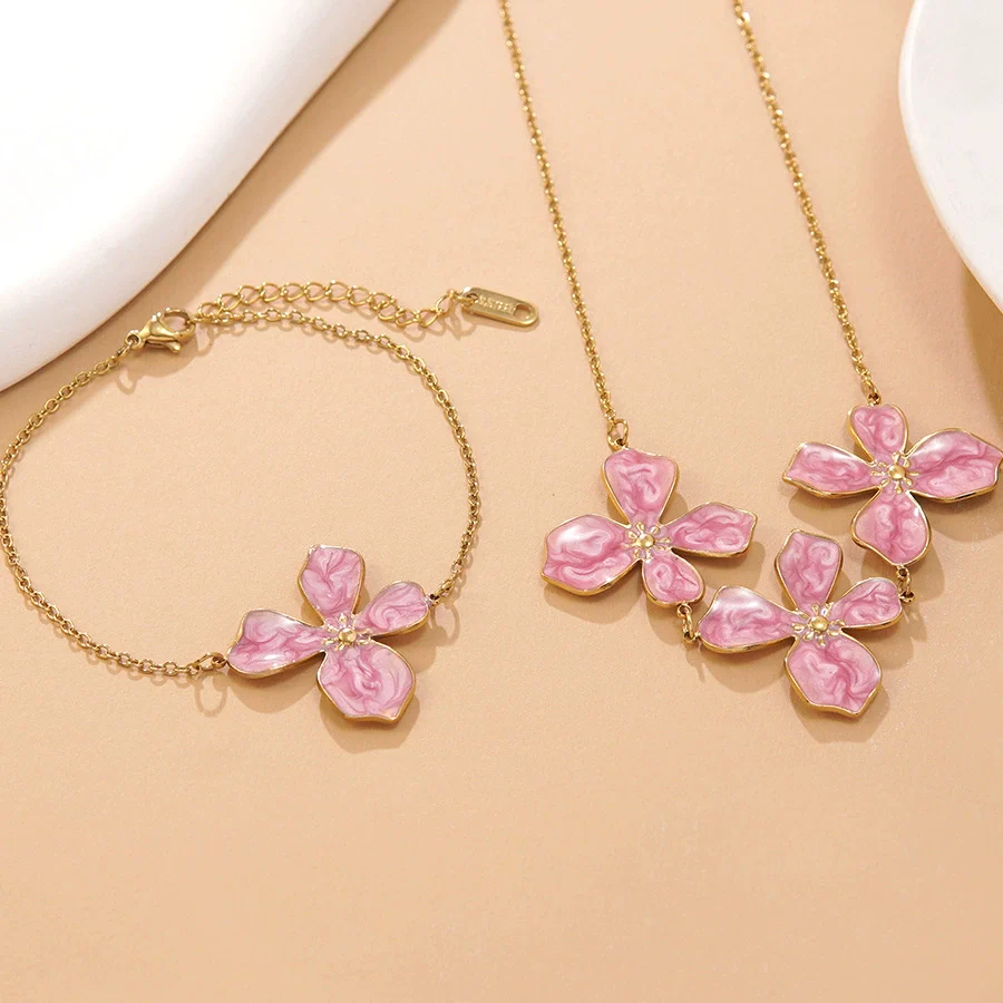 Wholesale Stainless Steel Floral Oil Dripping Jewelry Set For Women Necklace And Bracelet - Image 13