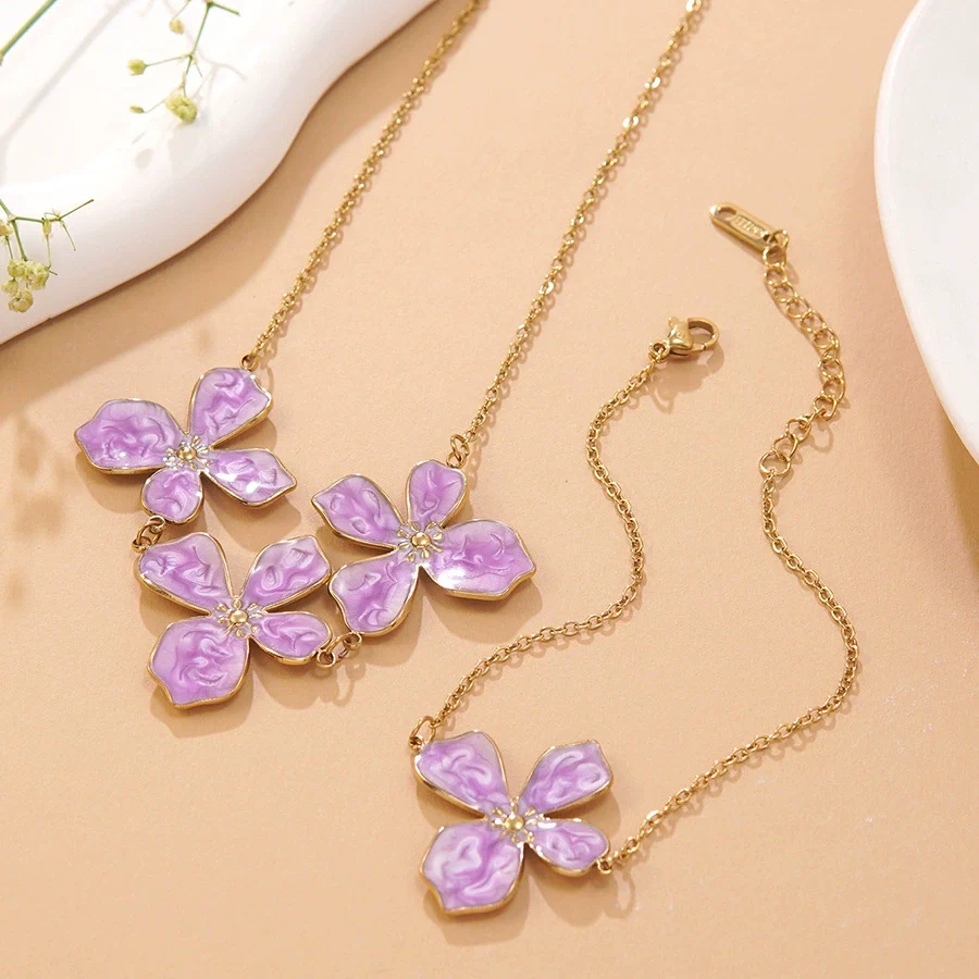 Wholesale Stainless Steel Floral Oil Dripping Jewelry Set For Women Necklace And Bracelet - Image 14