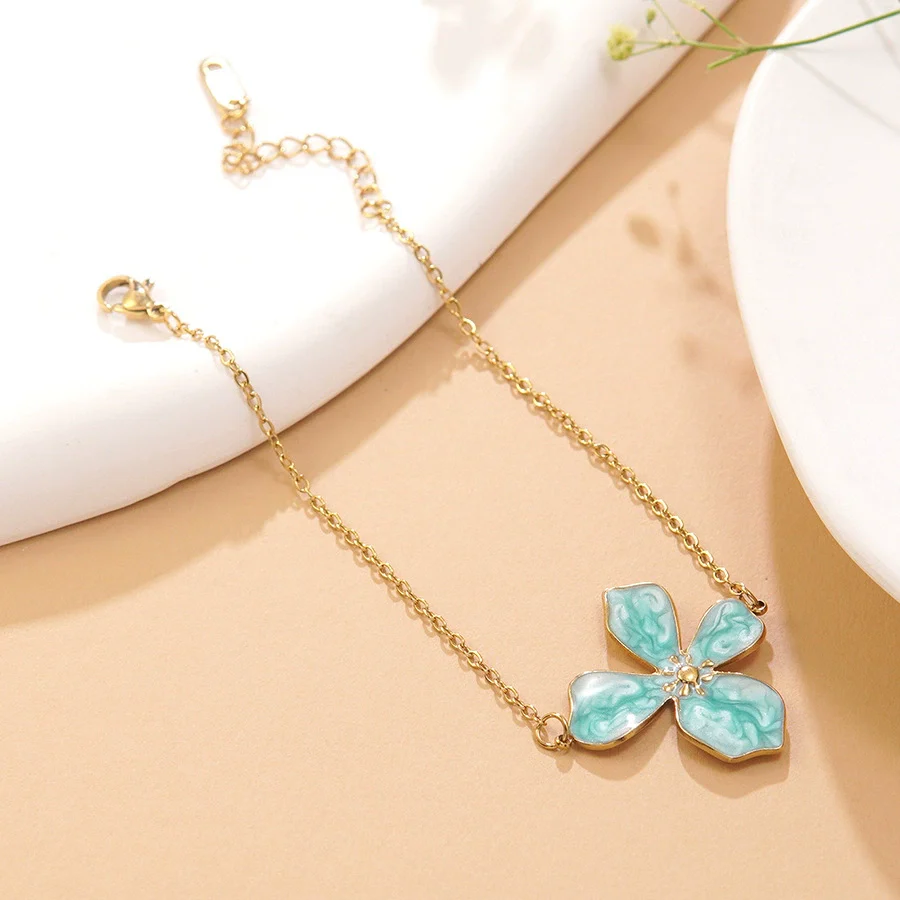 Wholesale Stainless Steel Floral Oil Dripping Jewelry Set For Women Necklace And Bracelet - Image 7