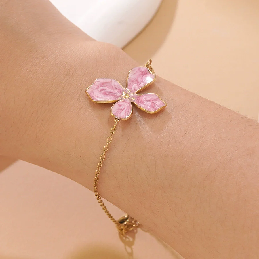 Wholesale Stainless Steel Floral Oil Dripping Jewelry Set For Women Necklace And Bracelet - Image 8
