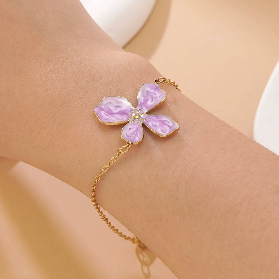 Wholesale Stainless Steel Floral Oil Dripping Jewelry Set For Women Necklace And Bracelet - Image 9