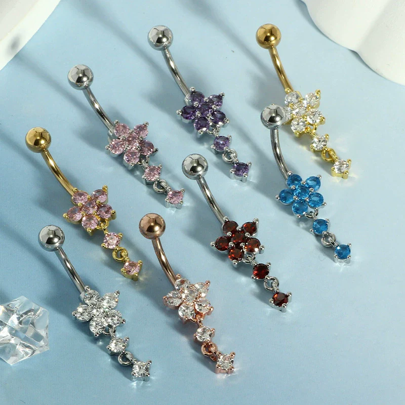 Wholesale Stainless Steel Flowershaped Belly Button Ring With Electroplating And Multicolor Zircon Jewelry - Image 3