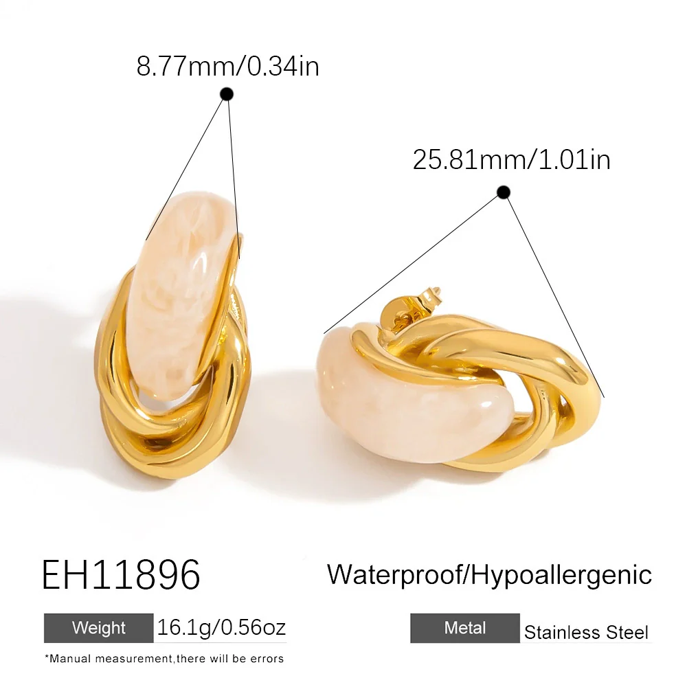 Wholesale Stainless Steel French Retro Curved Earrings With Resin Electroplated In 18K Gold Color For Women - Image 9