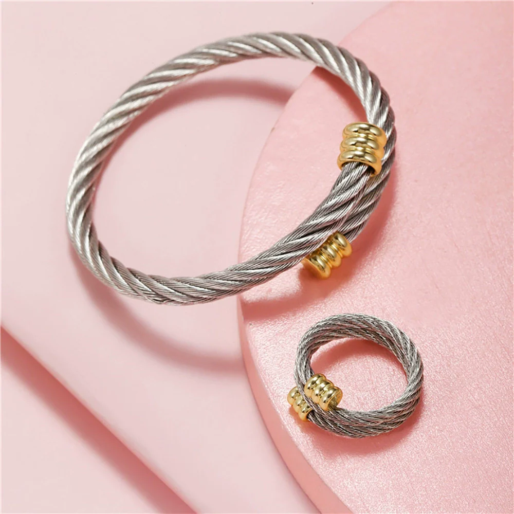 Wholesale Stainless Steel Geometric Bracelet Ring Set Electroplated Microinlaid Unisex Jewelry - Image 4