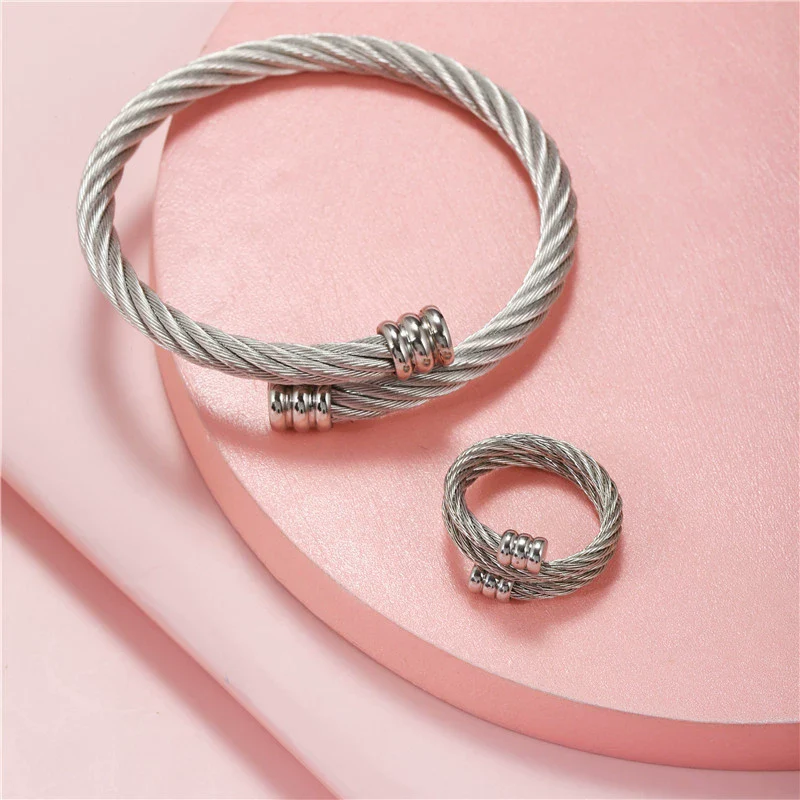Wholesale Stainless Steel Geometric Bracelet Ring Set Electroplated Microinlaid Unisex Jewelry - Image 7