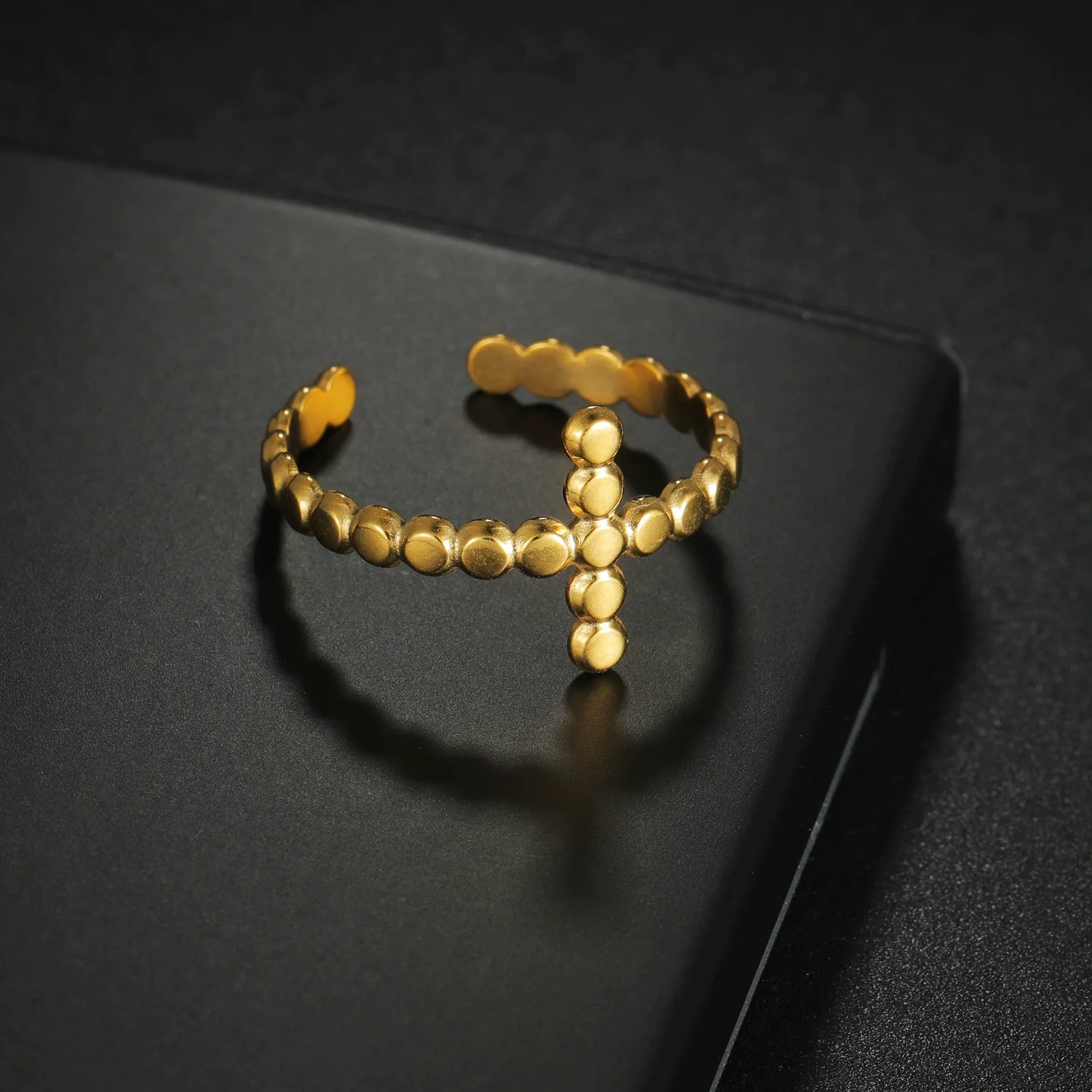 Wholesale Stainless Steel Geometric Cross Opening Adjustable Ring With Gold Plated Electroplating For Women And Men - Image 2