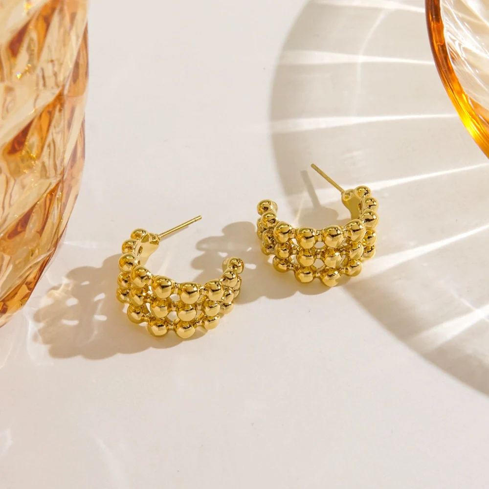 Wholesale Stainless Steel Geometric Cshaped 3Layer Round Bead Stitching Handmade Electroplated Women's Earrings - Image 3