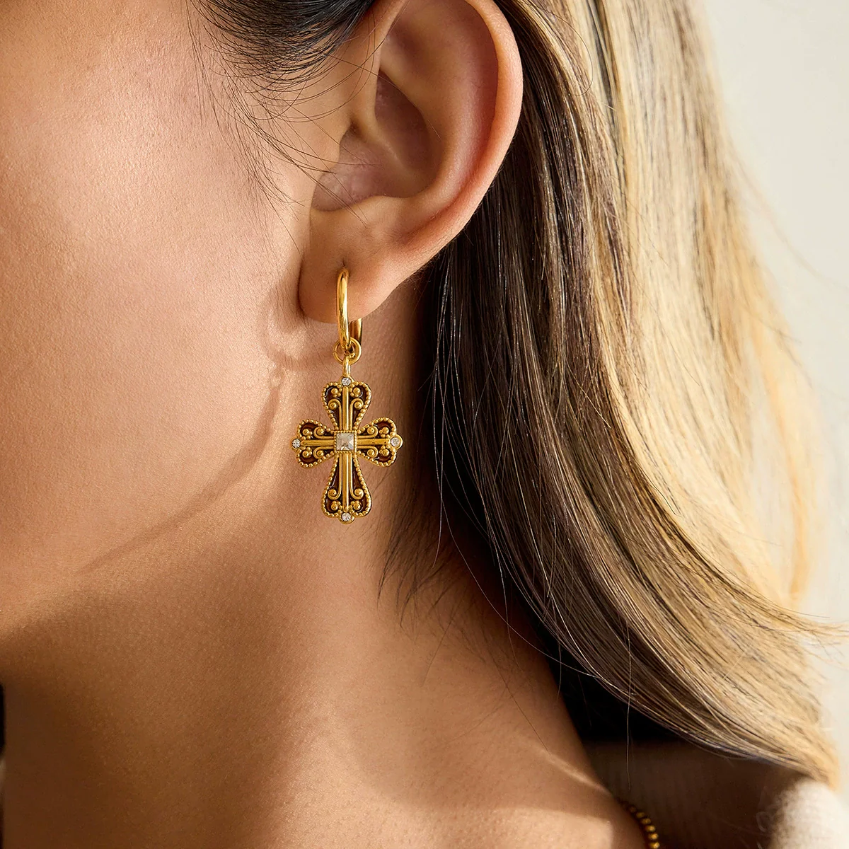 Wholesale Stainless Steel Geometric Electroplated Cross Earrings For Women - Image 2