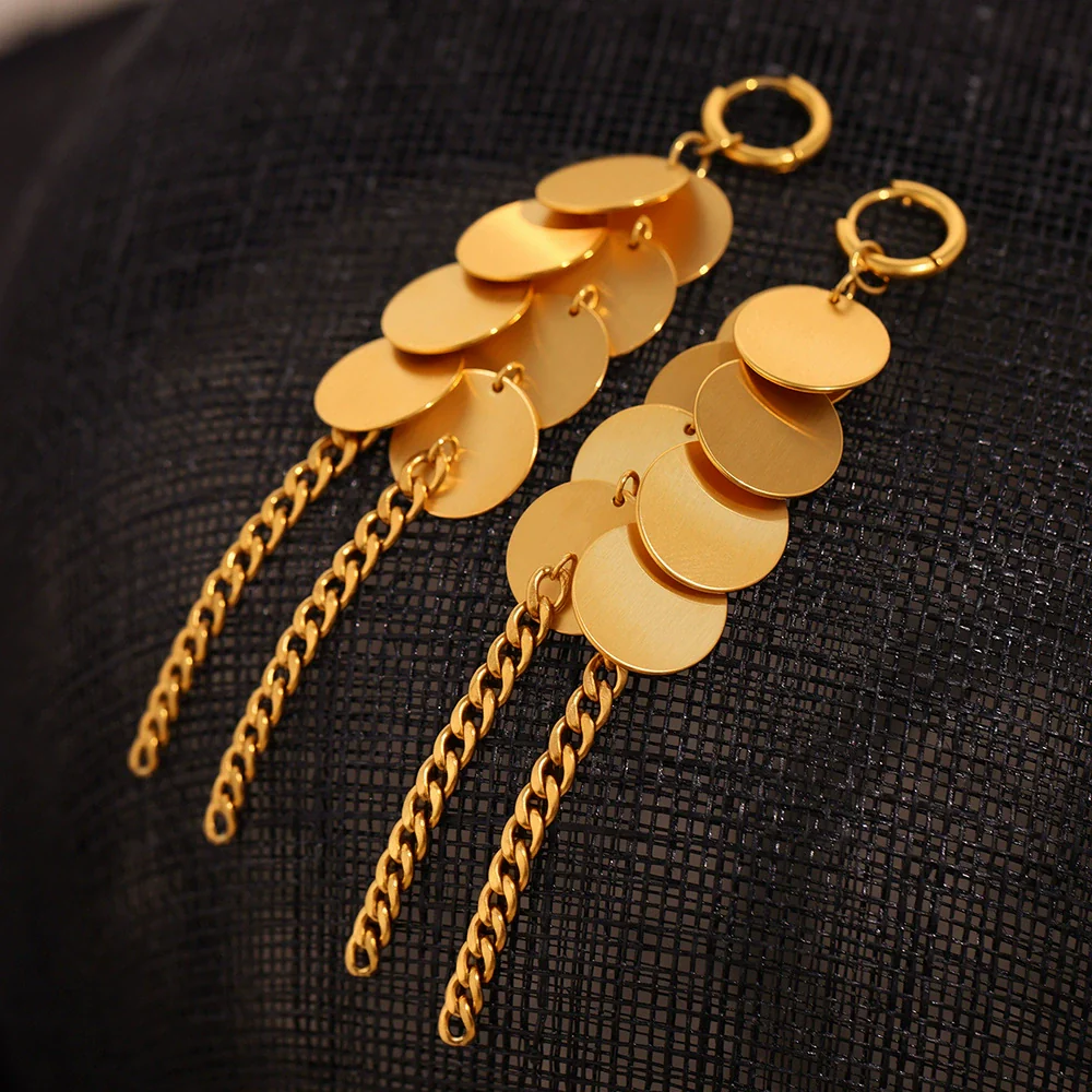 Wholesale Stainless Steel Geometric Ferris Wheel Disc Tassel Electroplated Long Earrings For Women - Image 2