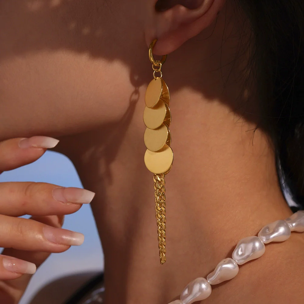 Wholesale Stainless Steel Geometric Ferris Wheel Disc Tassel Electroplated Long Earrings For Women - Image 3